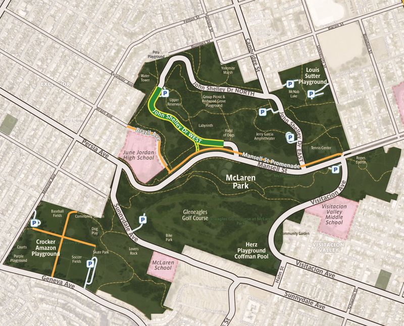 Map of McLaren Park showing the Shelley Promenade car-free route.