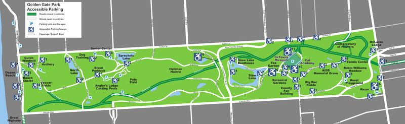 Mapa na nagpapakita ng mga aksesibleng puwesto ng paradahan ayon sa ADA at mga mabagal na kalye sa Parke ng Golden Gate noong Setyembre 2021.