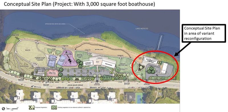 Conceptual site plan for Lake Merced West showing a 3,000-square-foot boathouse