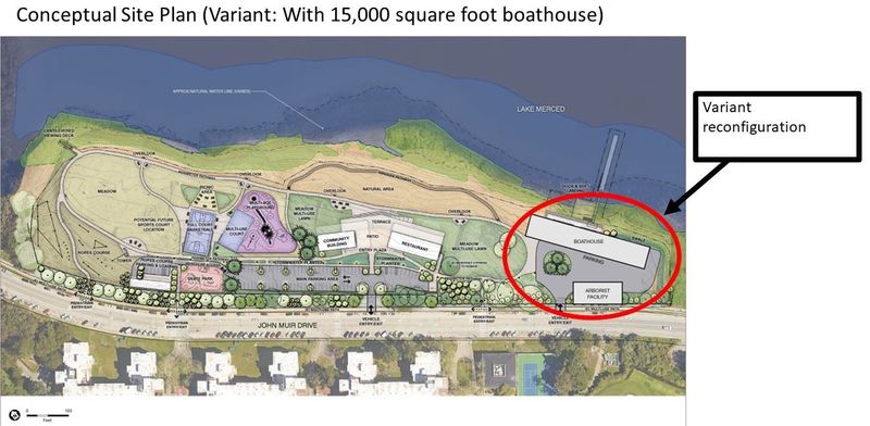 Conceptual site plan variant for Lake Merced West showing a 15,000-square-foot boathouse