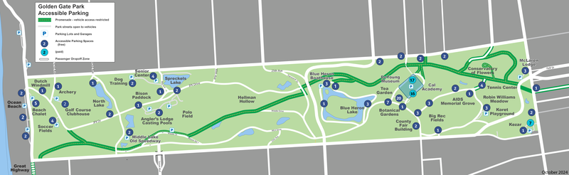 金門公園地圖,顯示截至 2024 年 10 月所有符合《美國殘疾人法案》規定的無障礙停車位。上方已提供這些位置的文字清單。在新視窗開啟