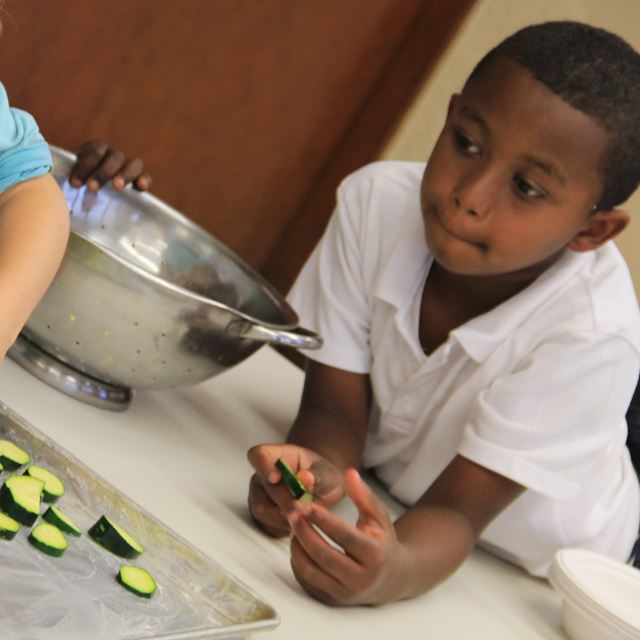 Little boy watching someone slice zucchini
