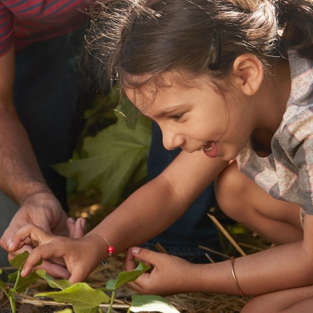 Little girl smiling at plants