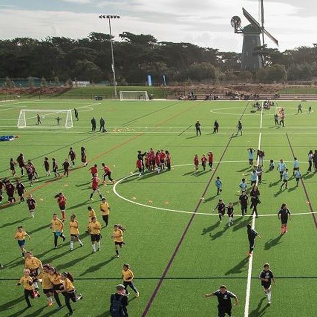 Aerial view of kids' soccer practice