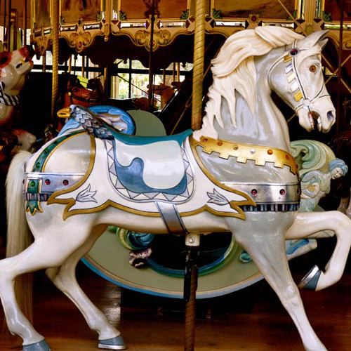 Detail of a colorful historic carousel horse at the Koret Children's Quarter