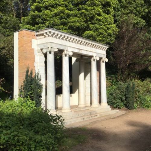 Greek-style white columns of the Portals of the Past at Lloyd Lake